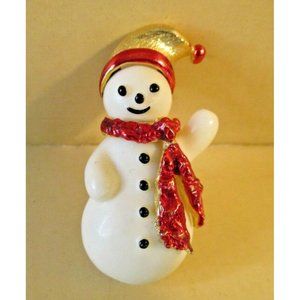 **Vintage Modeled Resin Snowman Red Scarf & Hat Brooch Pin Rhinestone Accent